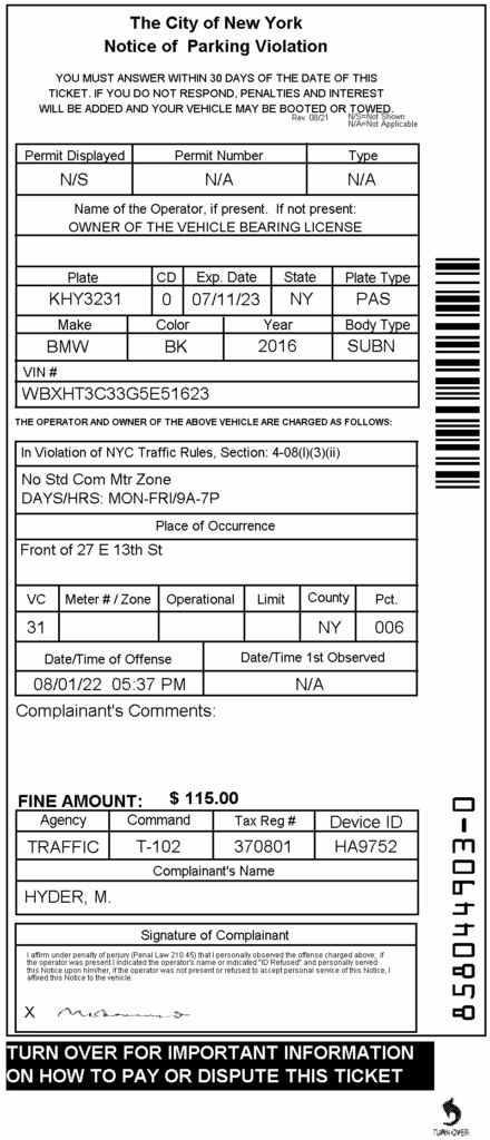 NYC parking ticket example