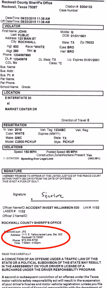 Texas traffic ticket sample citation