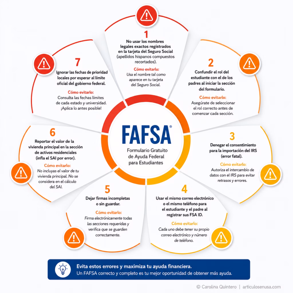 El Mapa de los Errores de FAFSA". Un diseño circular llamativo con íconos de advertencia en rojo y amarillo para cada uno de los puntos explicados en la sección